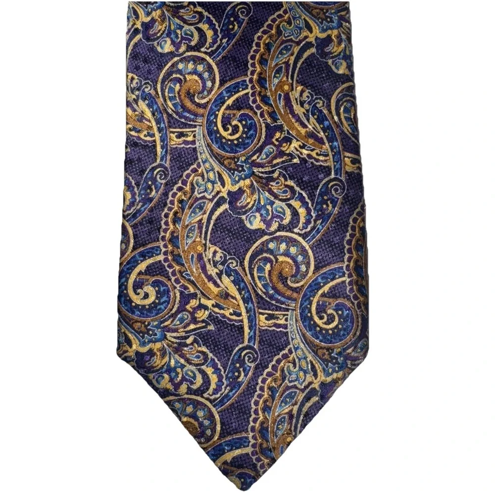 Vtg ROBERT TALBOTT 100% Silk Necktie Made in USA Peacock Designer Purple Yellow‎
